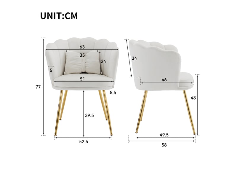  Lot de 4 chaises rembourrées ulevr en velours beige, dossier pétale, pieds en métal doré, coussins, 63 x 58 x 77 cm  - Conforama C