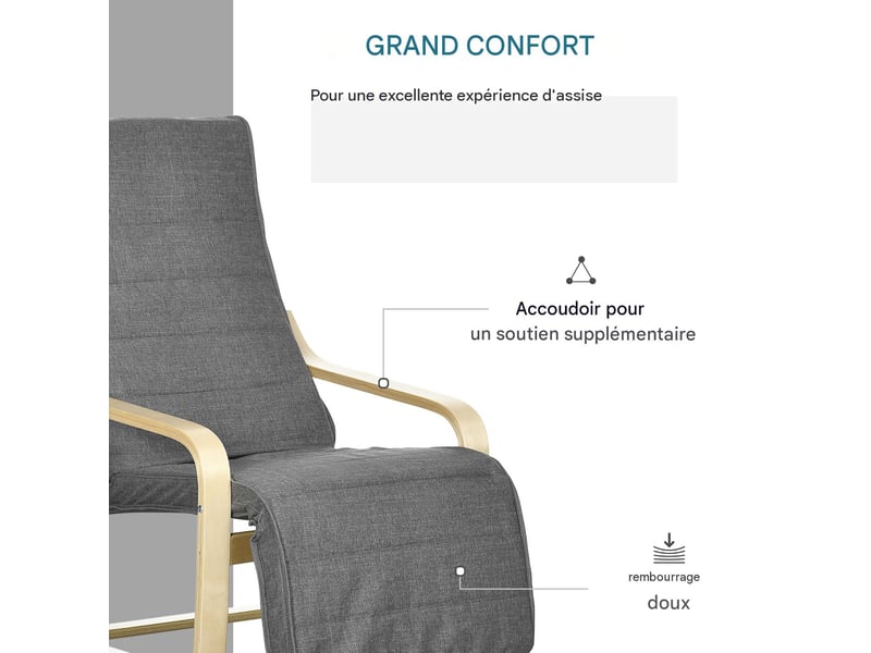  Fauteuil de relaxation repose-pieds réglable en bouleau gris 66,5 x 94 x 100 cm  - Conforama E