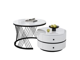 Lot de 2 tables basses rondes 60x60x46+50x50x31 cm, tables de salon, motif marbre, avec 2 tiroirs, mdf, blanc et noir