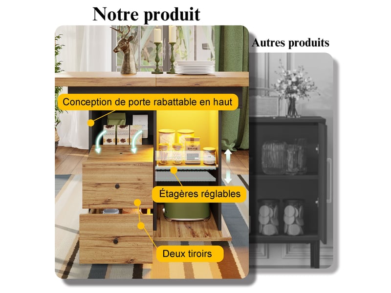  Table à manger extensible noir et naturel, 2 tiroirs, rangement, éclairage led, roulettes, pliable, solide - mdf - 110-140x80cm  - Conforama C