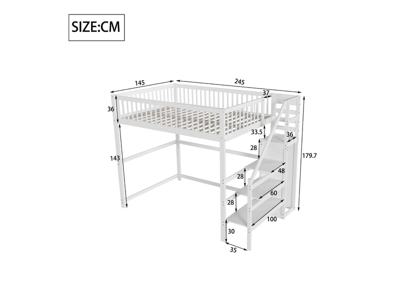  Lit mezzanine 140x200 avec escalier et armoire intégrée, lit enfant blanc en bois massif, gain de place pour chambre.  - Conforama R