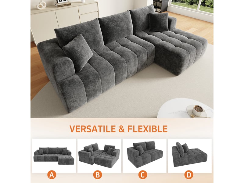  Canapé d’angle modulable nuage en l 3 places 244,5x136 cm, sans structure, mousse haute densité, méridienne profonde, sans montage, chenille gris Radiant Stride - Conforama E