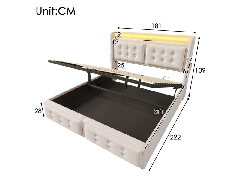  Lit coffre 180x200 cm beige avec led, prises usb et usb-c, sommier à lattes  - Conforama C