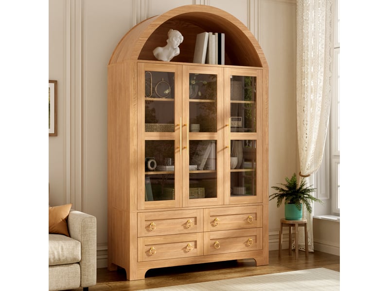 Buffet haut 3 portes vitrées et 4 tiroirs en mdf bois clair, avec niche en arche ouverte pour votre intérieur - Conforama E