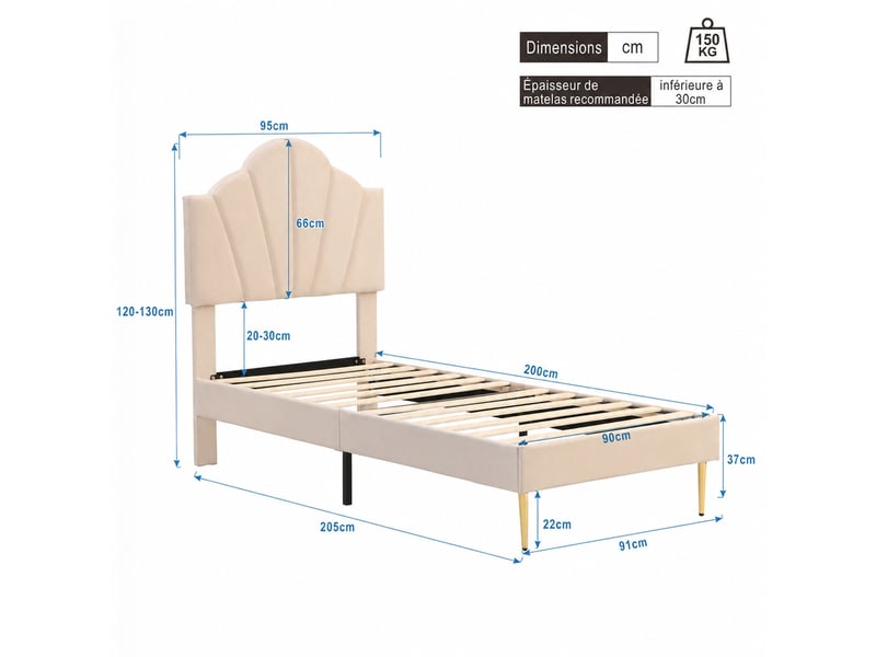  Lit rembourré simple 90x200 cm en velours avec tête de lit réglable, pieds dorés et rangement sous le lit, sans matelas  - Conforama D