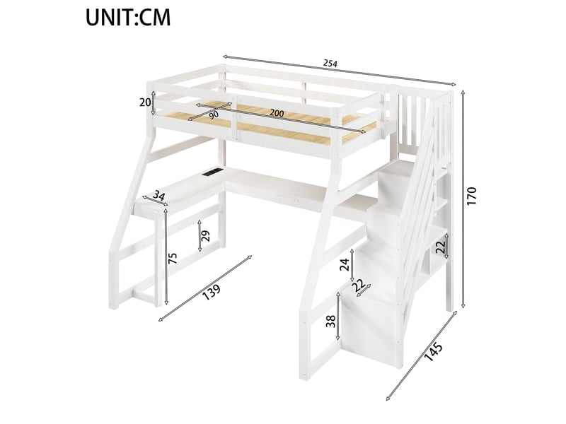  Lit mezzanine enfant 90x200 cm avec bureau, escalier de rangement, led, port usb, sommier à lattes, pin et mdf, blanc  - Conforama C