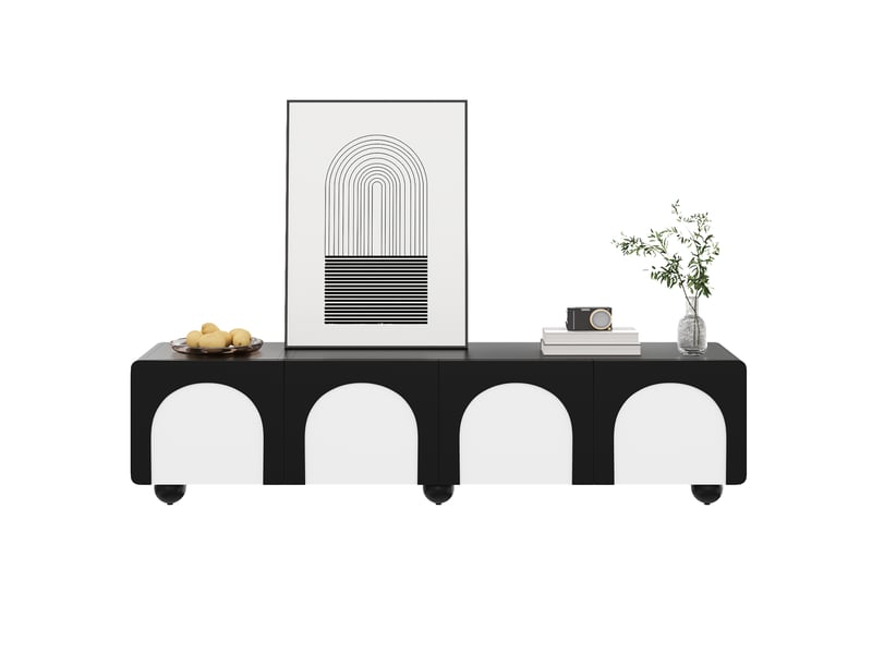  Meuble tv 2 tiroirs et 2 portes, design noir et blanc, portes cintrées, 180 x 38 x 45 cm  - Conforama A