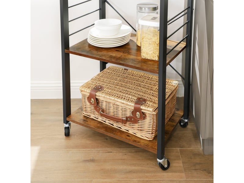 Vasagle étagère de cuisine, desserte, chariot de service à 3 niveaux, pour four à micro-ondes, mini four, grille-pain,cadre métallique, avec 6 crochets, style industriel, marron rustique kks60xv1