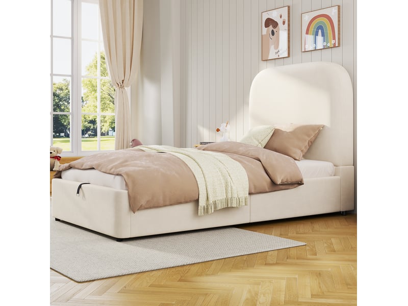 Lit rembourré 90 × 190 cm avec sommier à lattes, tête de lit et coffre hydraulique en velours beige - Conforama D