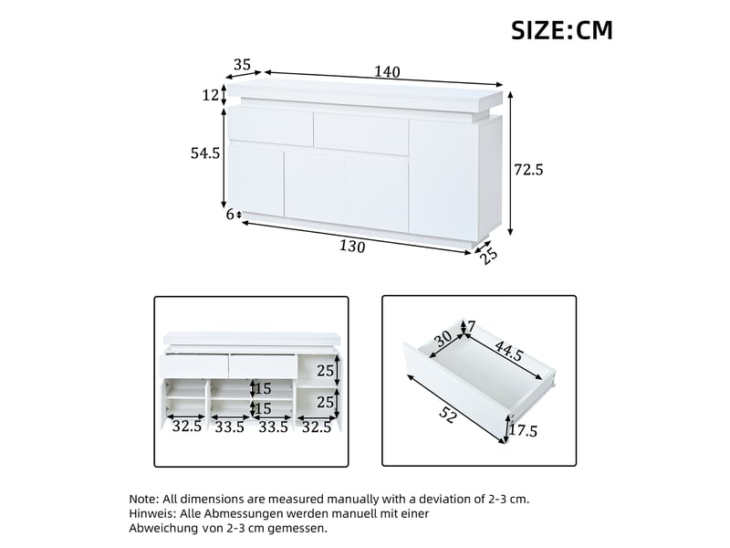  Buffet avec 4 portes, 2 tiroirs et led pour salon en panneaux de particules 140×35×72,5 cm blanc  - Conforama E