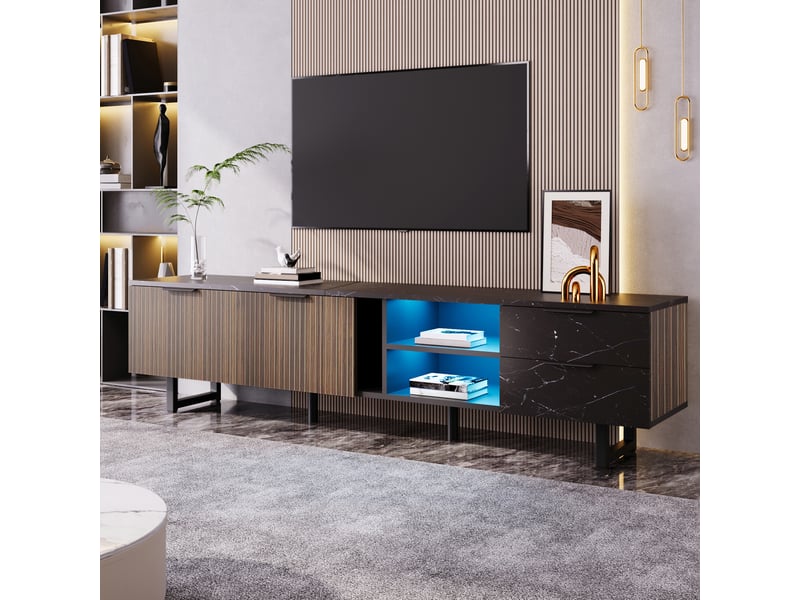  Meuble tv 200 cm effet marbre noir et bois foncé avec led contrôlable par application  - Conforama E