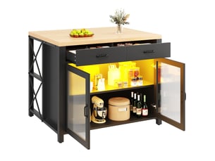 Îlot de cuisine noir avec éclairage led, table de bar avec rangement et porte en verre, plateau texture bois, 100x80x90cm