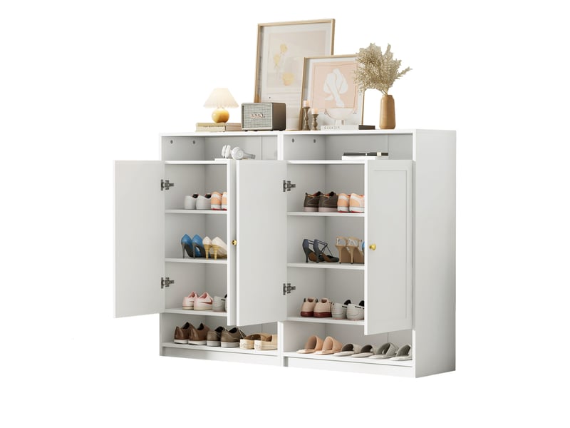  Meuble à chaussures blanc 146 × 34 × 109 cm, panneau de particules, 2 portes, étagères réglables, rangements ouverts  - Conforama A