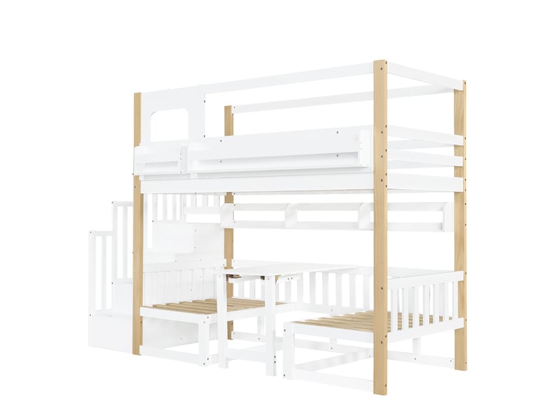  Lit superposé, lit enfant, table multifonctionnelle réglable en hauteur avec petite étagère latérale, escalier de rangement robuste, pin + mdf + contreplaqué, blanc + naturel, 90 x 200 cm  - Conforama D