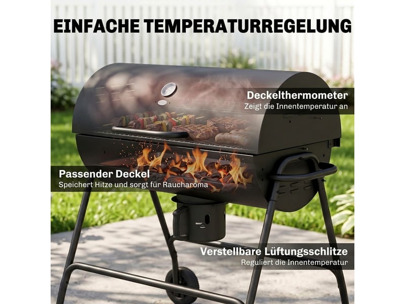  Barbecue au charbon avec couvercle, thermomètre et roues, 95 x 71,5 x 102 cm  - Conforama W