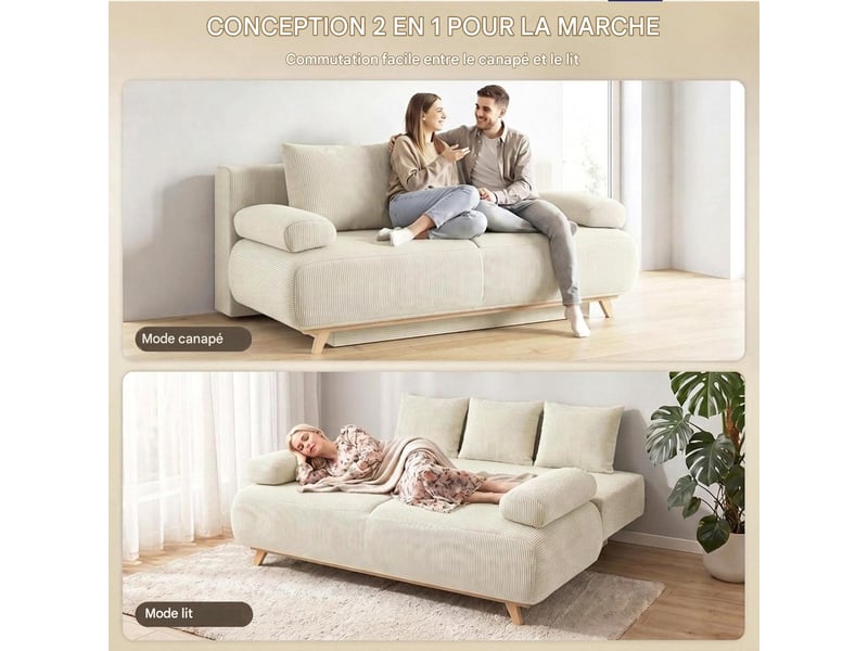  Canapé convertible 3 places avec coffre velours côtelé beige 188x100x84 cm  - Conforama D