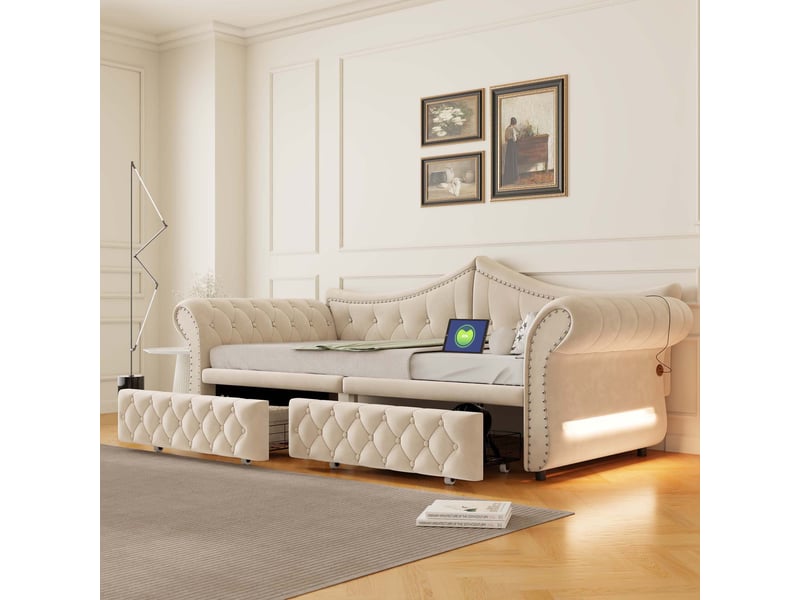 Lit banquette rembourré - 90x200 cm - convertible - lit gigogne - 2 tiroirs - port usb - prise de charge - velours - beige CozyNest - Conforama C