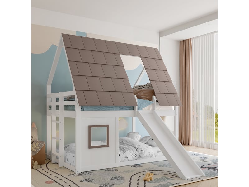  Lit superposé enfant 140x200 cm, forme maison, toboggan, échelle, barrières de sécurité, pin et mdf, blanc et marron OMNIGLINT TRADING LTD - Conforama B