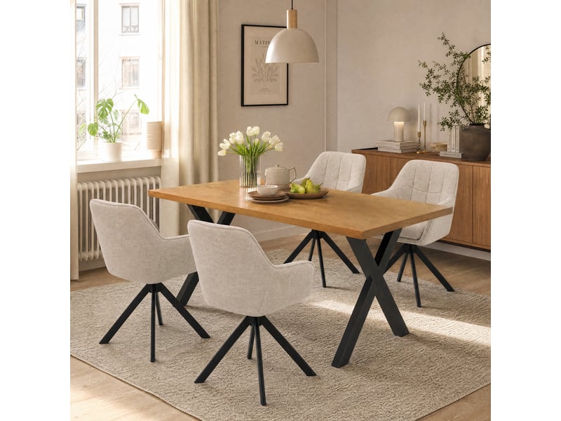  Ensemble table et 4 chaises - table rectangulaire 160x80 cm monobloc en chêne sauvage et pieds métal, 4 chaises en tissu beige et pieds métal  - Conforama A
