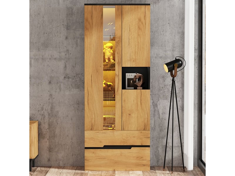  Vitrine 70 x 35 x 180 cm rangement polyvalent meuble de rangement 3 portes 2 tiroirs éclairage led design bicolore bois et noir charge maximale de 45 kg  - Conforama B