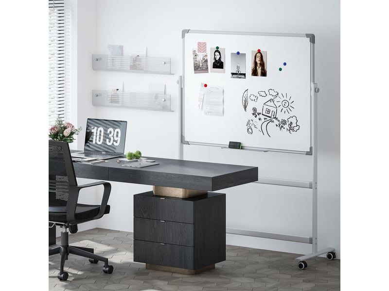  Tableau blanc magnétique double face effacable rotatif mobile avec support, aimants, gomme et roulettes, marqueurs  - Conforama D