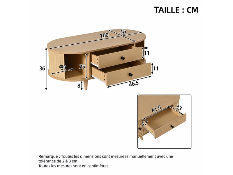 Table basse avec rangement, 2 tiroirs, portes à rideau, mdf, 100 x 50 x 36 cm, bois clair - Conforama E