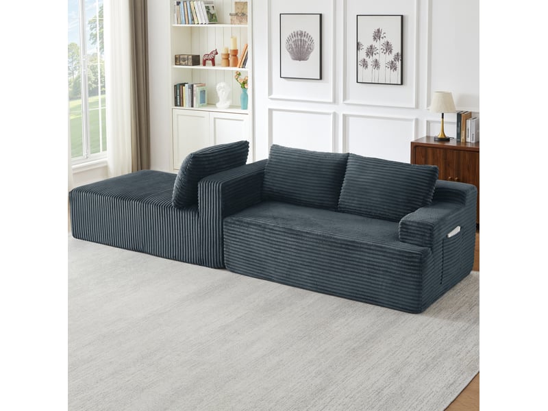  Canapé d'angle compressé en l 238x152x66 cm modulable 3 places, mousse et velours côtelé couleur gris foncé, moderne  - Conforama E