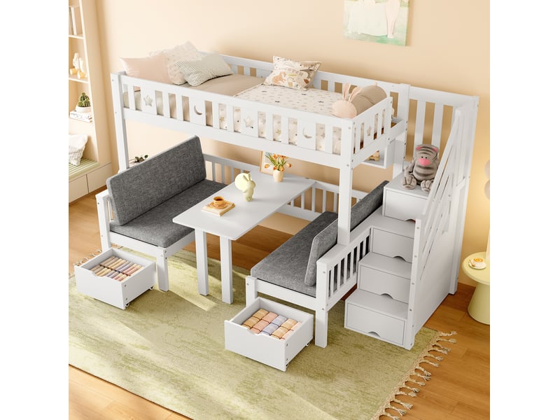  Lit mezzanine enfant 90 x 200 cm avec bureau pliant, rangements, blanc  - Conforama B