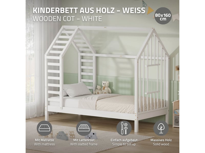  Ml-design lit cabane enfant avec matelas et sommier en bois de pin massif 80x160 cm, blanc, forme de maison avec toit et fenêtre, cadre montessori robuste pour filles et garçons, charge max. 90 kg ECD Germany GmbH - Conforama B