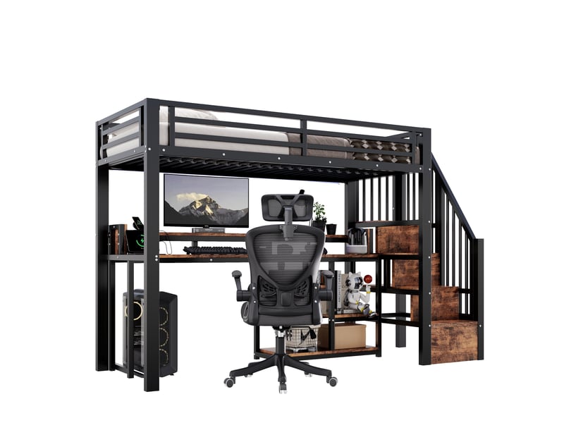  Lit mezzanine 90x200 cm, usb + type-c, avec éclairage led, avec bureau, espaces de rangement, garde-corps métal mdf noir, sans matelas  - Conforama A