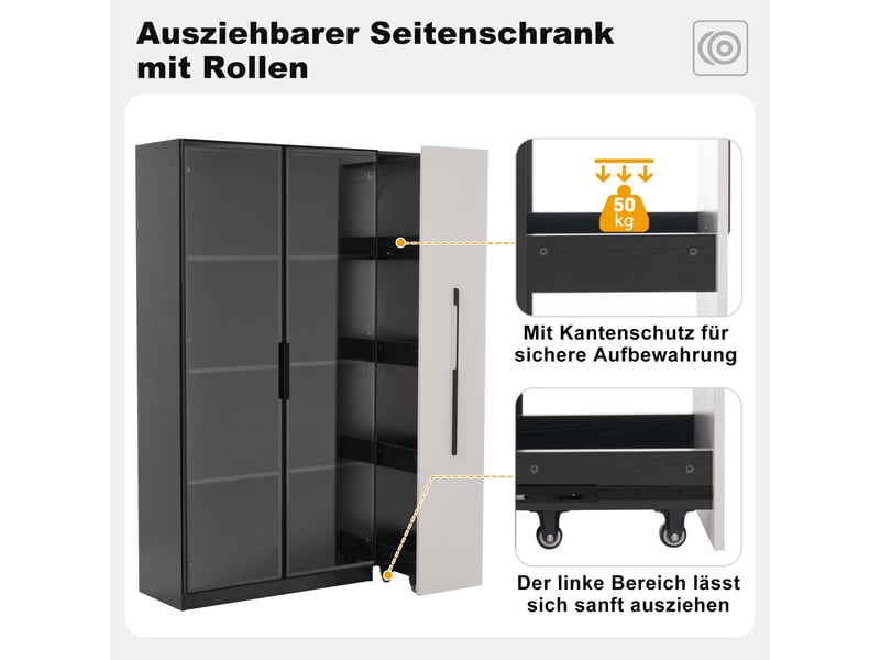  Armoire multifonction noir et blanc, vitrine en verre avec éclairage led, bibliothèque moderne pour salon, 110,5x35x160 cm.  - Conforama R