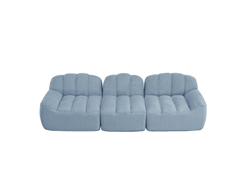 Canapé modulable 3 places bleu en tissu bouclette, sans cadre, à assise profonde, confortable pour le salon familial. - Conforama A