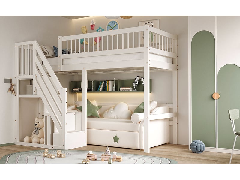 Lit superposé 90x200 cm avec escalier et coffres de rangement, lit haut robuste, blanc - Conforama B