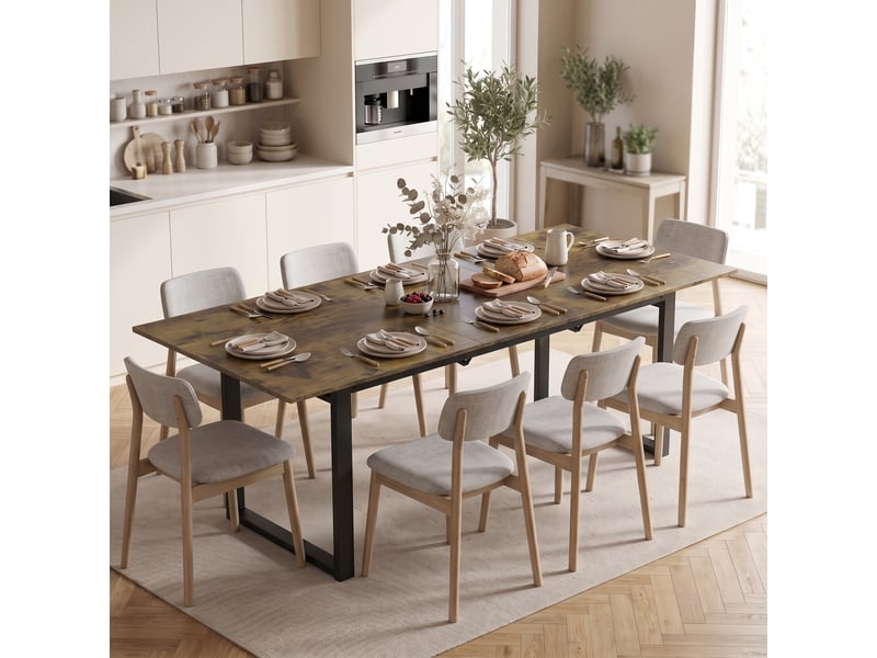  Table de salle à manger extensible 140-180 cm pour 6 à 8 personnes, rectangulaire, style industriel, avec structure en acier et revêtement imitation bois tigré.  - Conforama C