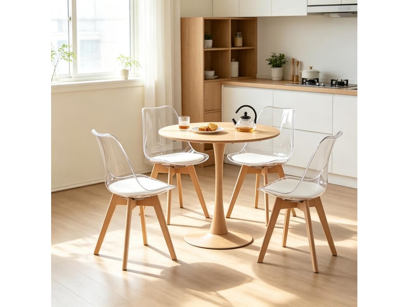 Lot de 4 chaises de salle à manger modernes en plastique et bois, assise blanche - Conforama D