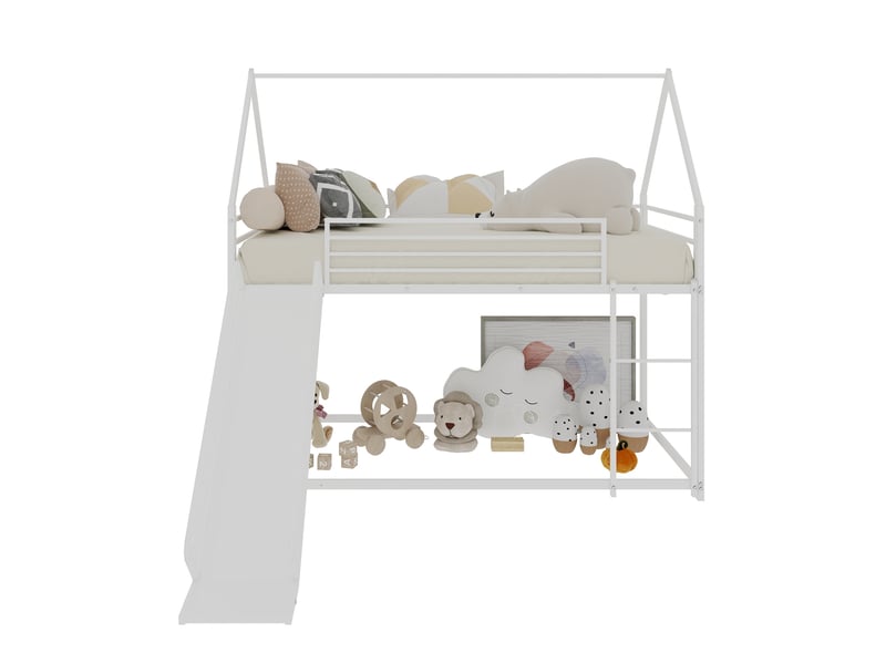 Lit superposé enfant 90x190 cm en métal blanc avec toboggan, échelle et barrières - Conforama A