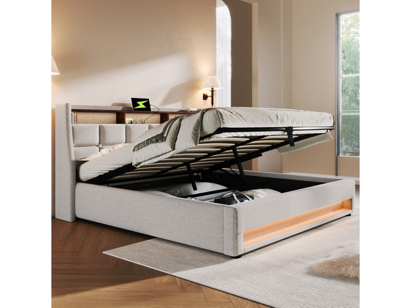  Lit coffre 180x200 cm, rangement hydraulique, éclairage led, usb, sommier à lattes, style vintage, revêtement lin - beige  - Conforama E