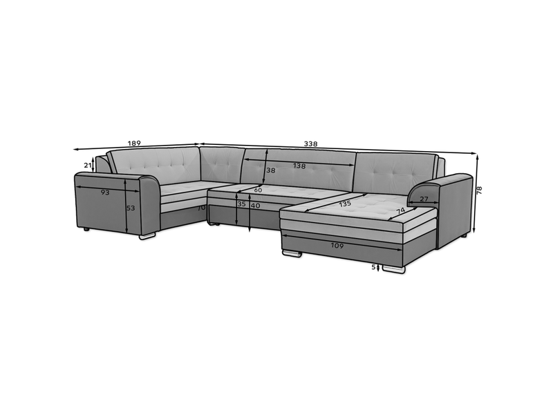 Canapé panoramique convertible caldero 5 places bleu marine et gris – angle droit - Conforama C