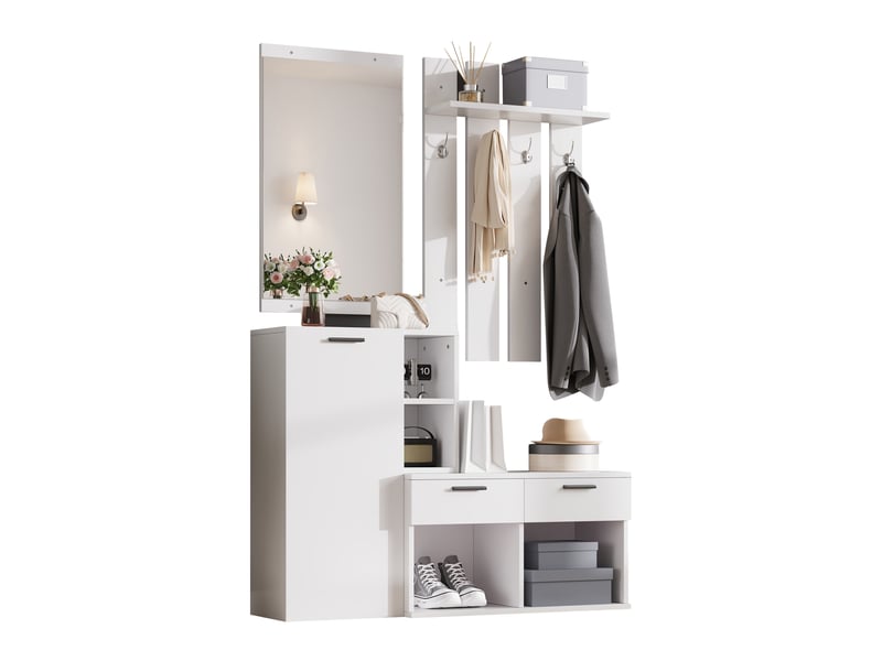  Meuble d'entrée avec miroir, 1 porte, 2 tiroirs, 10 niches et 4 crochets pour hall, blanc, 120 × 35 × 175,5 cm  - Conforama A