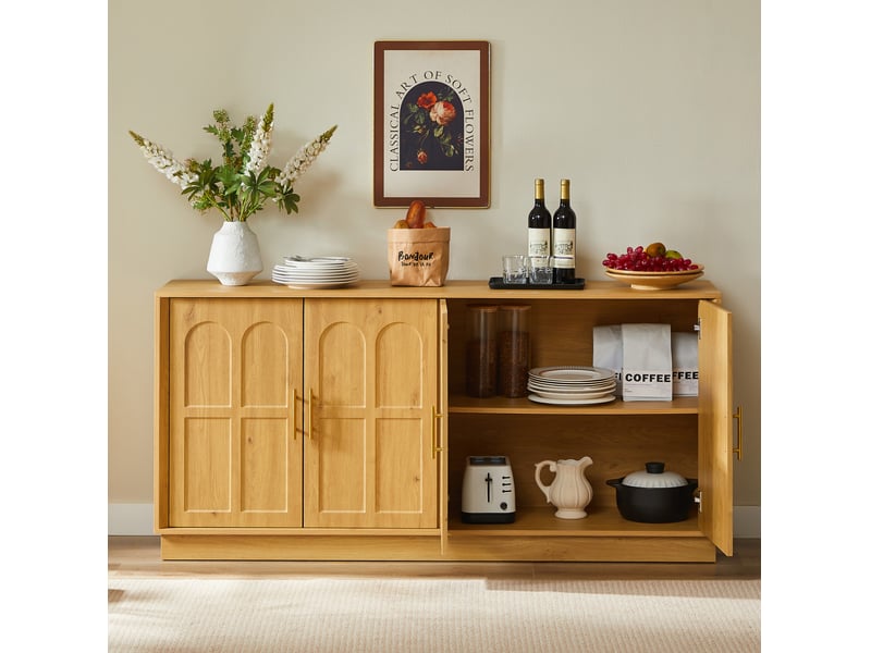 Buffet 169x40x80 cm à portes incurvées et étagères réglables en mdf coloris naturel - Conforama C