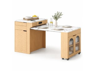 Desserte de cuisine extensible 80x56,2153x93 cm, finition naturelle, avec roulettes, tiroirs, verre strié et prises, en mdf et pb