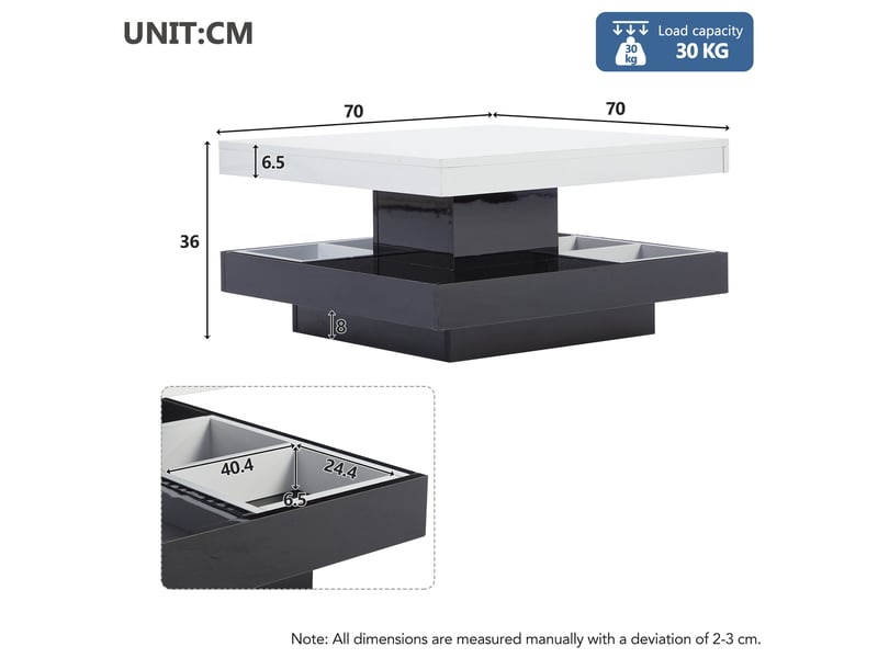  Table basse carrée avec plateau rotatif 360° et niche de rangement, style moderne, pour salon, 70 × 70 × 36 cm  - Conforama D