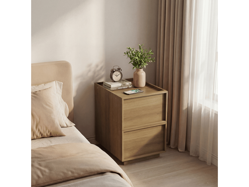 Table de nuit moderne - chêne naturel - design sans poignées - 2 tiroirs - mdf haute qualité 38x48x50cm - Conforama E