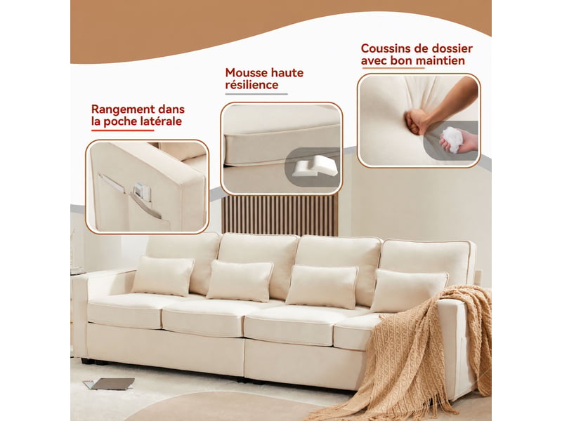 Canapé droit 4 places 264 cm avec poches latérales, dossier haut, 4 coussins lombaires, assise amovible, tissu effet lin beige - Conforama E