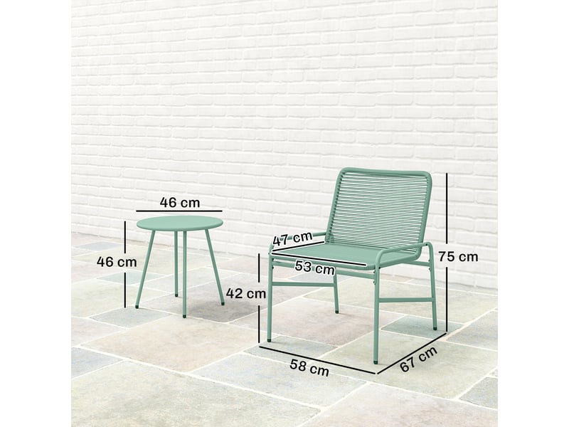 Salon de jardin extérieur 3 pcs en résine tressée et acier, table ronde avec 2 chaises, vert - Conforama E