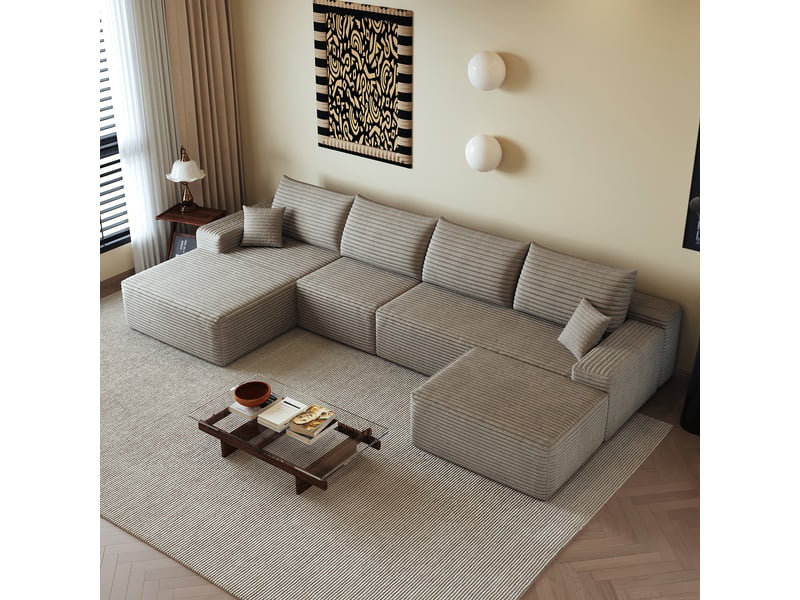 Canapé d’angle modulable 340 x 175 x 83 cm 4 places avec pouf, méridienne en l, assise profonde, sans montage, canapé compressé, chameau Bliss Lite - Conforama E
