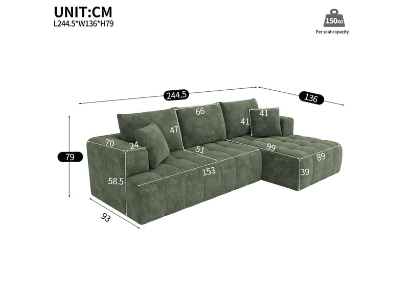  Canapé d'angle moderne ,3 places,sans structure, en chenille ,244x136x79cm,vert  - Conforama C