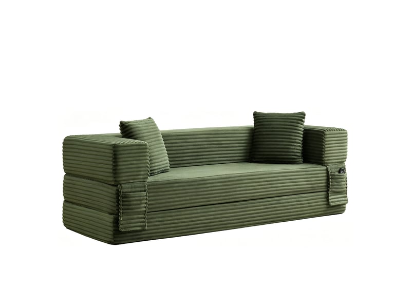 Canapé droit modulaire sans armature, convertible en lit, en velours côtelé, mousse haute densité, design classique, coloris vert - Conforama A