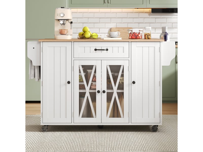 Îlot de cuisine mobile - 120x69x90 cm - sur roulettes - tiroirs - portes de rangement - rangement à vin - plateau rabattable - blanc CozyNest - Conforama B