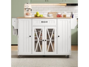 Îlot de cuisine mobile - 120x69x90 cm - sur roulettes - tiroirs - portes de rangement - rangement à vin - plateau rabattable - blanc
